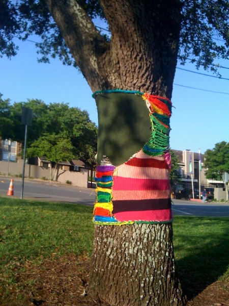 Old sweaters reused for yarn-bombing a tree.