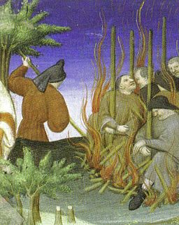 Painting around 1410 artist unknown shows Jews found in France being executed by burning