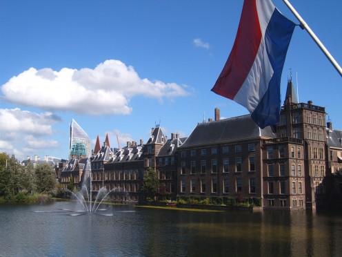 The Hofvijver, the Binnenhof and a Dutch flag
