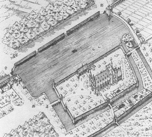 Imagined, bird's eye view of the Hofvijver and the Binnenhof, circa 1400