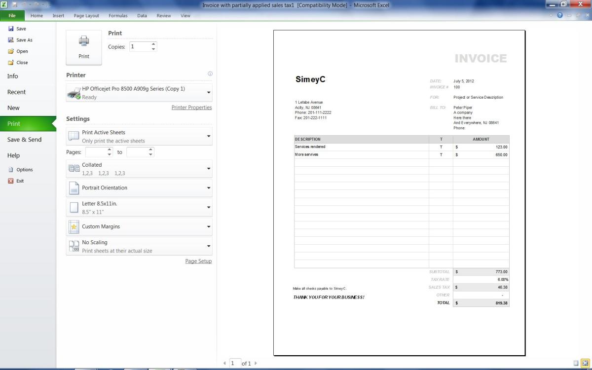 An example simple invoice created using a Microsoft Excel template.