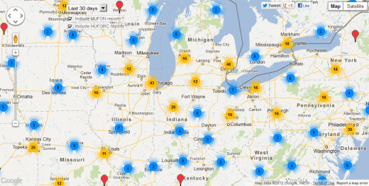 Map of sighting reports from MUFON & NUFORC for 30 days prior to July 5, 2012 (northeast U.S. quadrant).