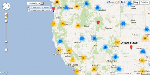Map of sighting reports from MUFON & NUFORC for 30 days prior to July 5, 2012 (western half of U.S.).