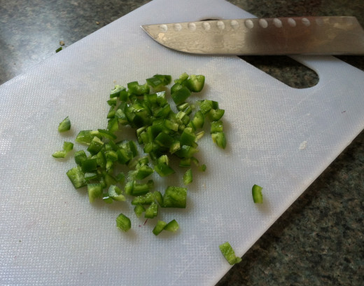 Finely chop jalapeno. Be careful to remove all seeds.