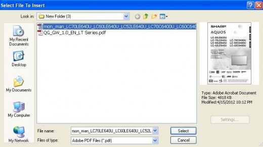 Select the PDF file you want to merge with your open PDF document and then click "Select."