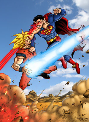 Son Goku almost hitting Superman with energy beam.