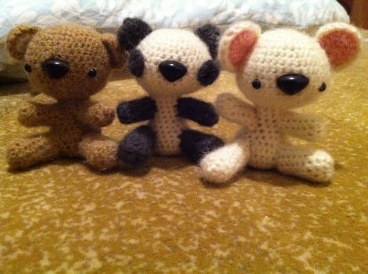 Amigurumi bear, panda, and mouse