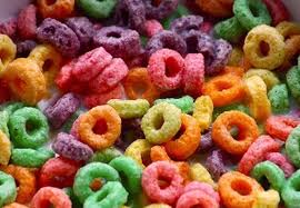 Artificially colored rainbow cereal