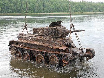 A Russian BT-7 light tank recovered from the depths 