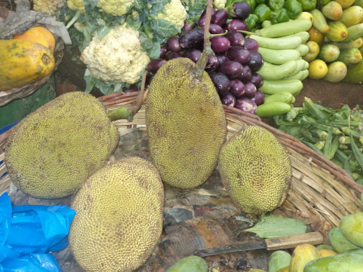 Jack fruit along with other vegetables in a shop in India