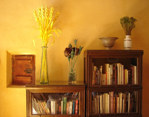 Tall bookshelves work well in a studio apartment for books, papers, CDs, dishes etc.