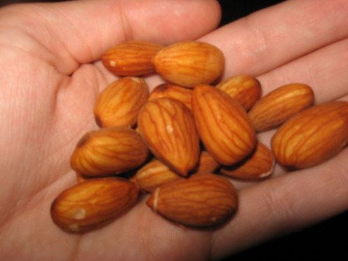 Soaked almonds swell to a larger size.