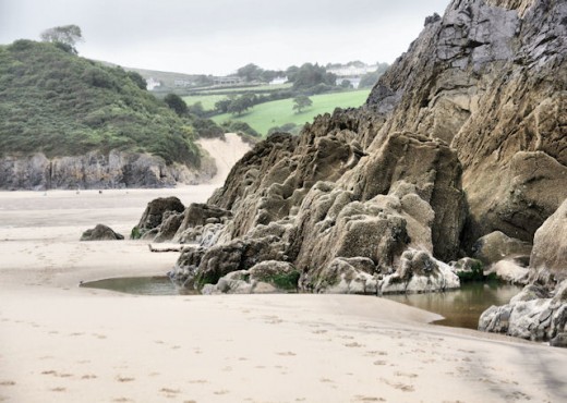 View up towards the campsite from the beach at Three Cliffs Bay