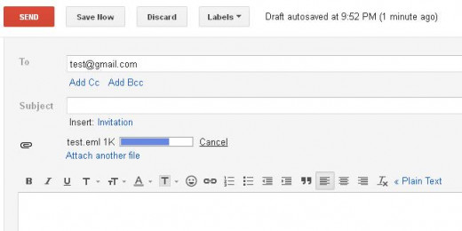 A progress bar appears in the top part of the email displaying the progress of attaching the file.