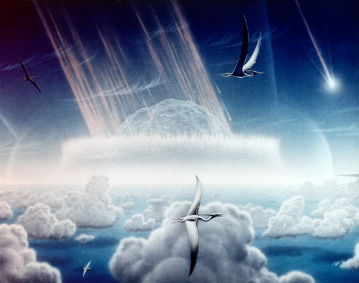 This painting by Donald E. Davis depicts an asteroid slamming into tropical, shallow seas of the sulfur-rich Yucatan Peninsula in what is today southeast Mexico. The aftermath of this immense asteroid collision, which occurred approximately 65 millio
