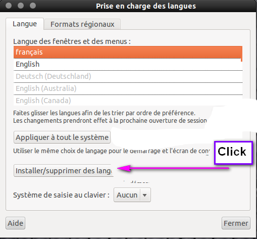 Click "Installer/supprimer des langues" to enter the install/uninstall menu for languages.