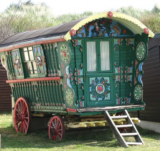 The copyright of this image of a Gypsy Caravan is owned by Evelyn Simak and is licensed for reuse under the Creative Commons Attribution-ShareAlike 2.0 license. The photograph was taken on May 14,2008.