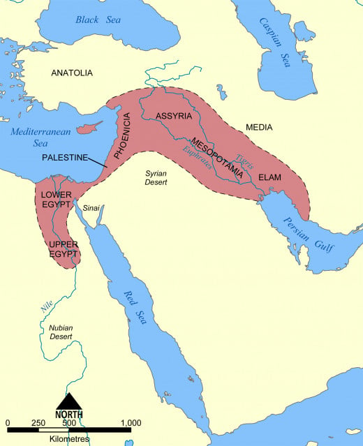 This map shows the location and extent of the Fertile Crescent, a region in the Middle East incorporating Ancient Egypt; the Levant; and Mesopotamia.