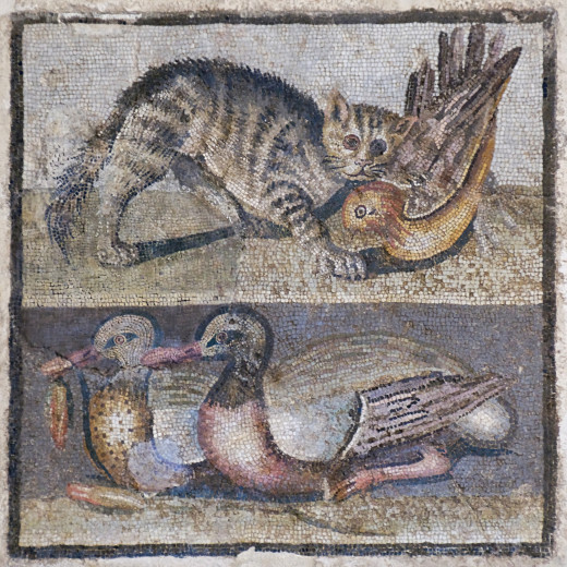 Central panel of a floor mosaic with a cat and two ducks. Opus vermiculatum, Roman artwork of the late Republican era, first quarter of the 1st century BC.