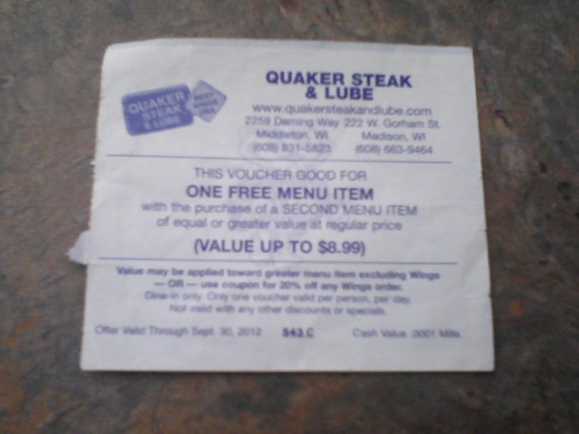 Quaker Steak and Lube coupon from the Bucky Book, Buy One Get One Free