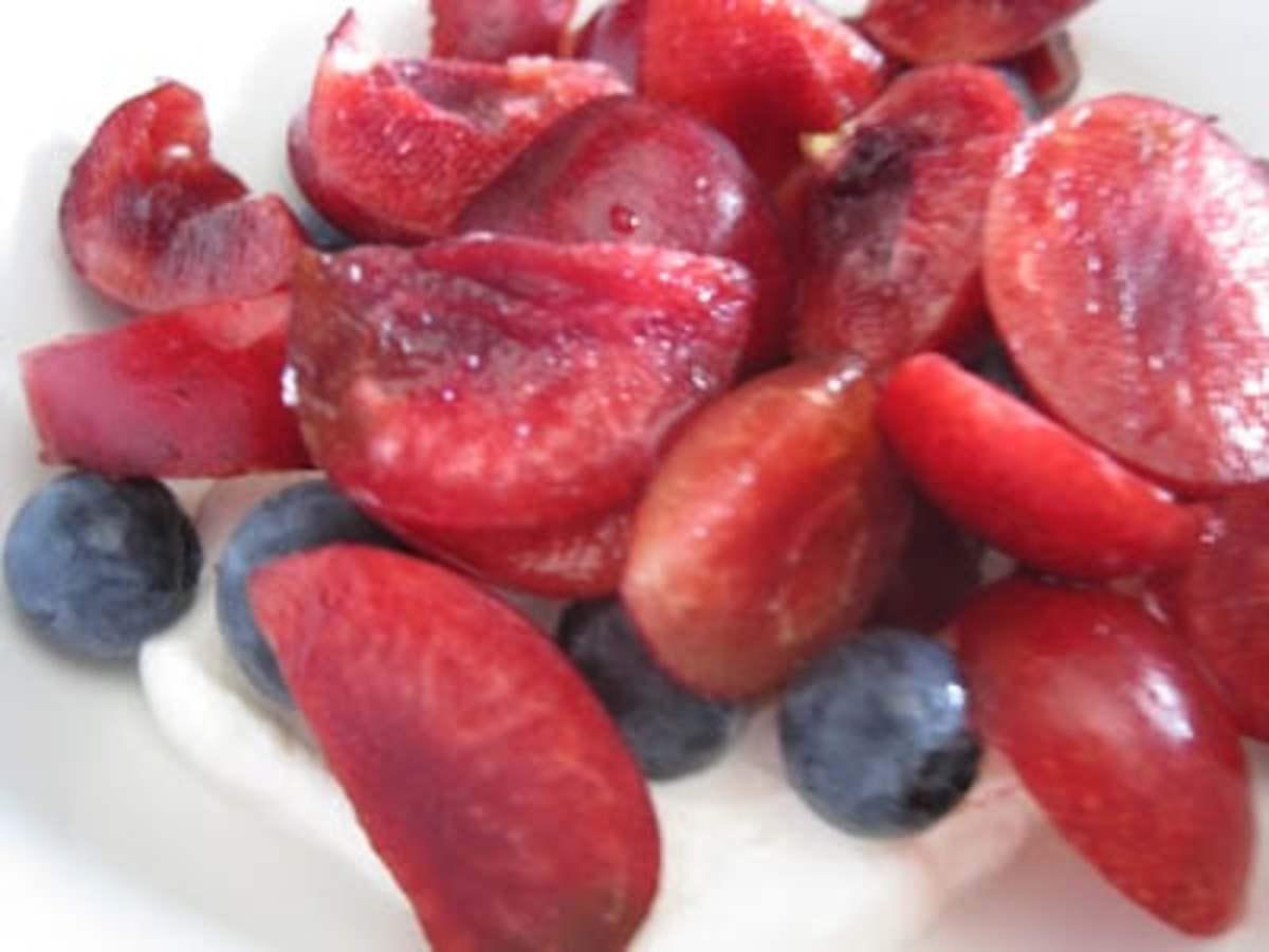 One of my favorite ways to enjoy blueberries is with cherries, sour cream, and a little sugar.  This is a great dessert!