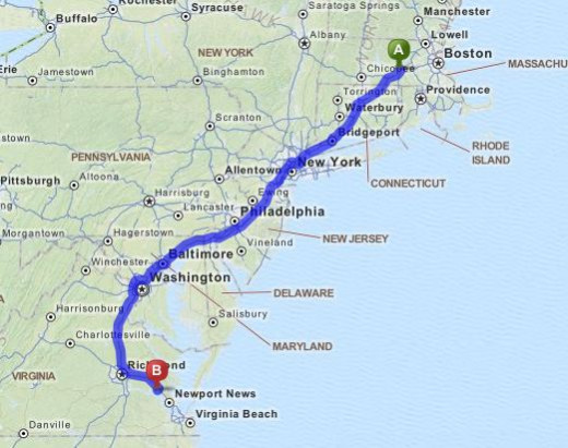 561 miles from home in Massachusetts to Williamsburg, VA.  10 hours 2 minutes accourding to Mapquest.