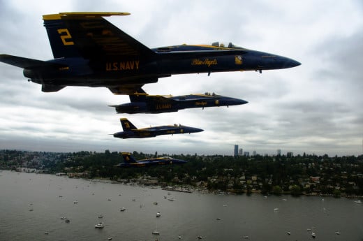 The Blue Angels performing above Lake Washington during Seafair in 2011.