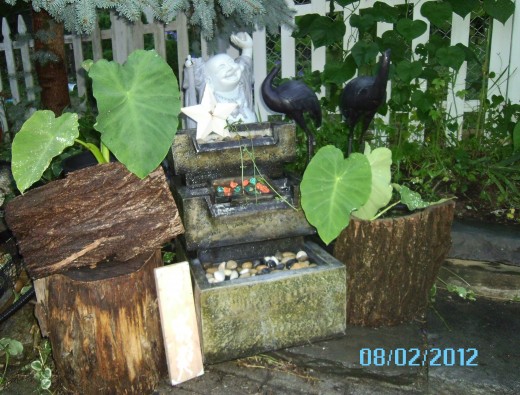 Someone was throwing out this fountain, I put a few containers of elepant earson eac side and then used bark to give them a different look