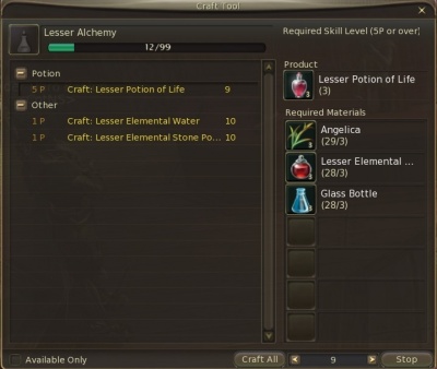 Crafting window from alchemy; a wise choice as first craft, alchemy can keep a steady flow of income towards you.
