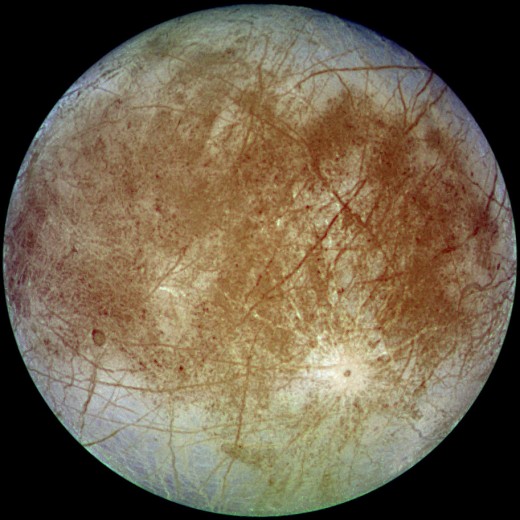 Europa, a moon of Jupiter, believed by many to have oceans of liquid water beneath its icy surface - a possible habitat for life in space
