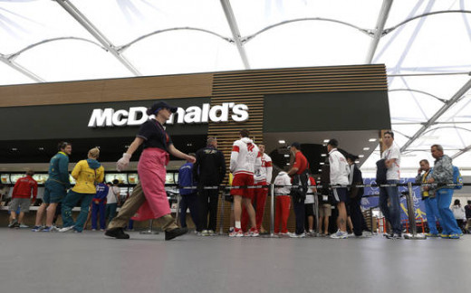 Apparently the Olympic athletes lined up day and night to raid the free McDonald's in the Olympic Village dining hall. Bonus fries for all!