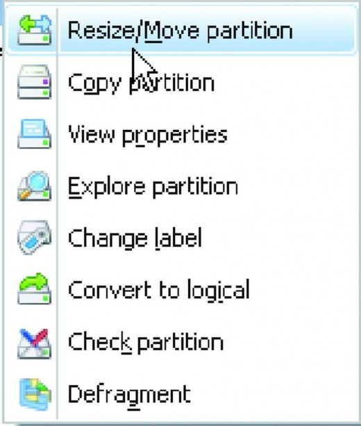Right click options of Easeus partitioning software.
