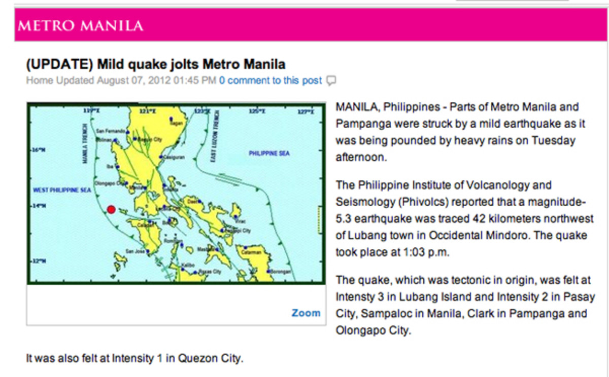A mild 5.3 earthquake rocks Manila before flood decimates city and yet is not mentioned in connection to floods.