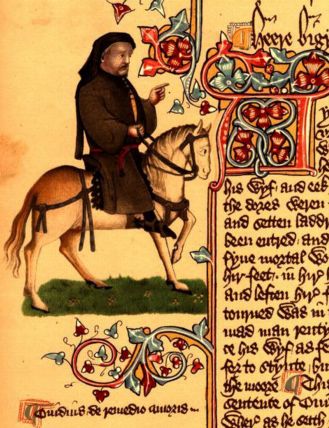 A page of the illuminated Ellesmere Manuscript showing Chaucer as a pilgrim.