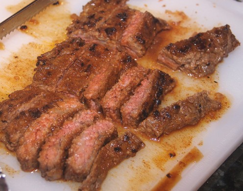 The meat after cutting (against the grain for tenderness) with an electric knife. Perfect cuts every time.