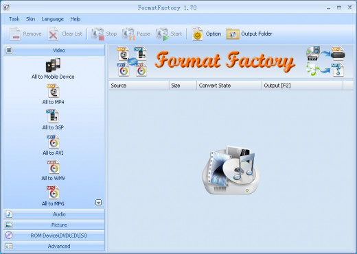 The user interface of Format Factory multimedia converter.