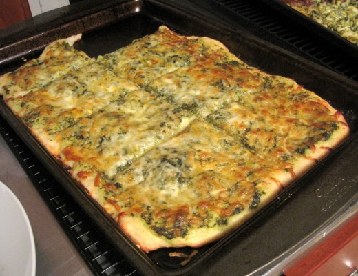 Pesto mozzarella pizza.  Recipe below.