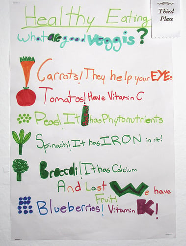 Young child's list of vegetables and their healthful attributes.
