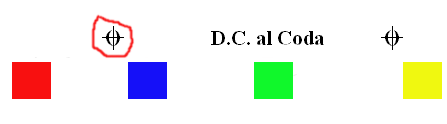 You play this D.C. al Coda example as red, blue, green, red, yellow.