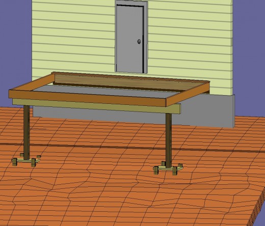 Fig 4. Deck frame with beam, temporary posts on level base, and braces 