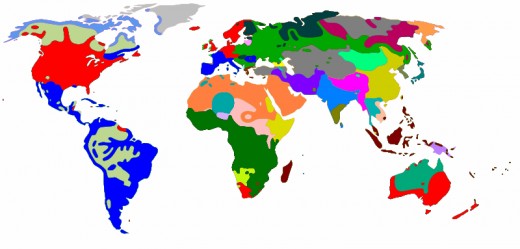 Languages of the World—Distribution map.  Click the link for color legend.