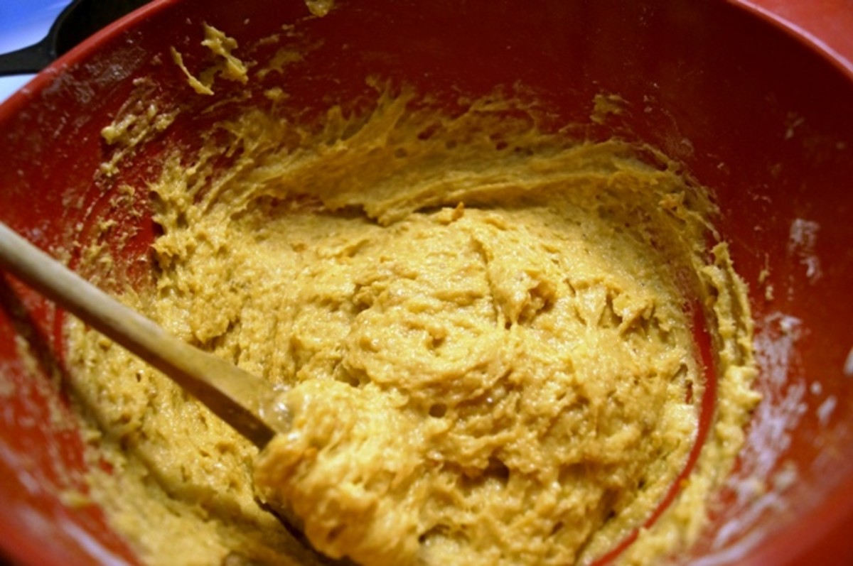 Mix the dry ingredients first for peanut butter banana bread.  Then add in eggs, peanut butter and bananas.