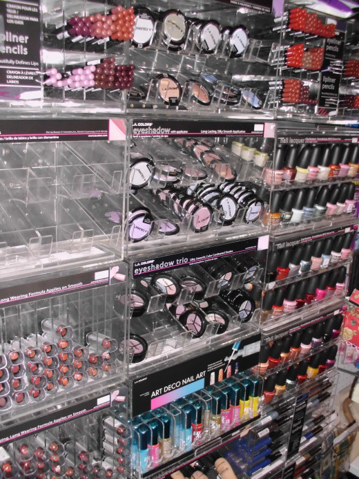 LA Colors. $1 each. Eye shadows, blushes, lip glosses, lipsticks, lip pencils and eyeliners. They have a nice selection and perfect for a budget.