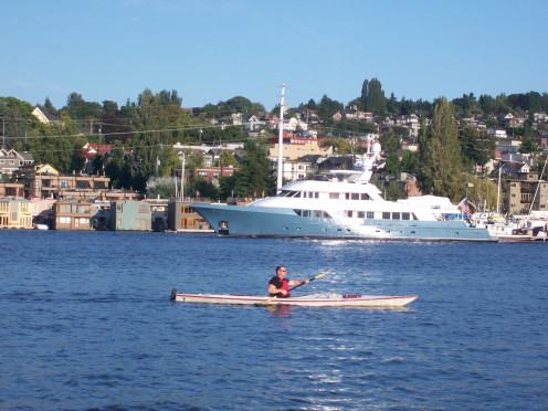 Yacht and Kayak on Lake Union
