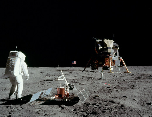 Astronaut Buzz Aldrin on the surface and the Lunar Module "Eagle."