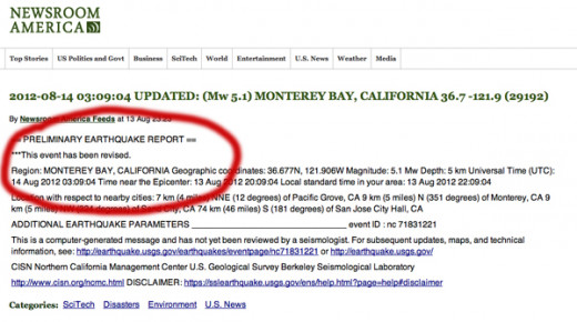 Following clues, reports and links I was able to track down this reference to the Monterey Earthquake that Global Incident Map first showed.