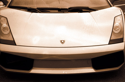 Sepia Tone Photo of the front of a Lamborghini.