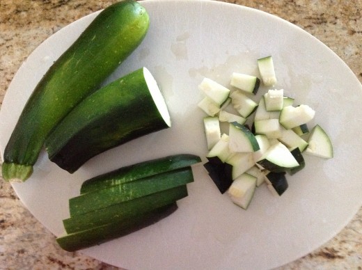 Zucchini should be chopped into chunks as shown in this photo.