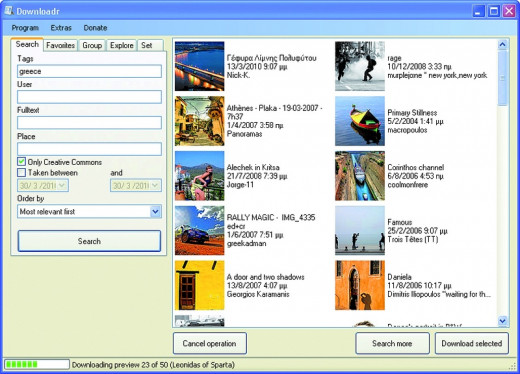 Downloadr window with search results found for search term "Greece".