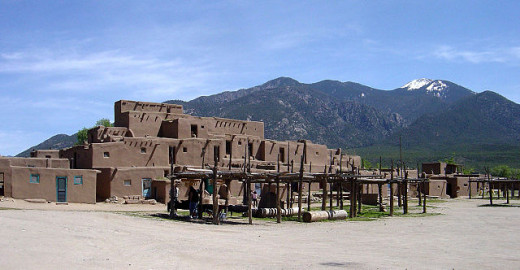 Taos pueblo sits north of town with the Sangre de Christo Mountains forming an impressive eastern skyline.